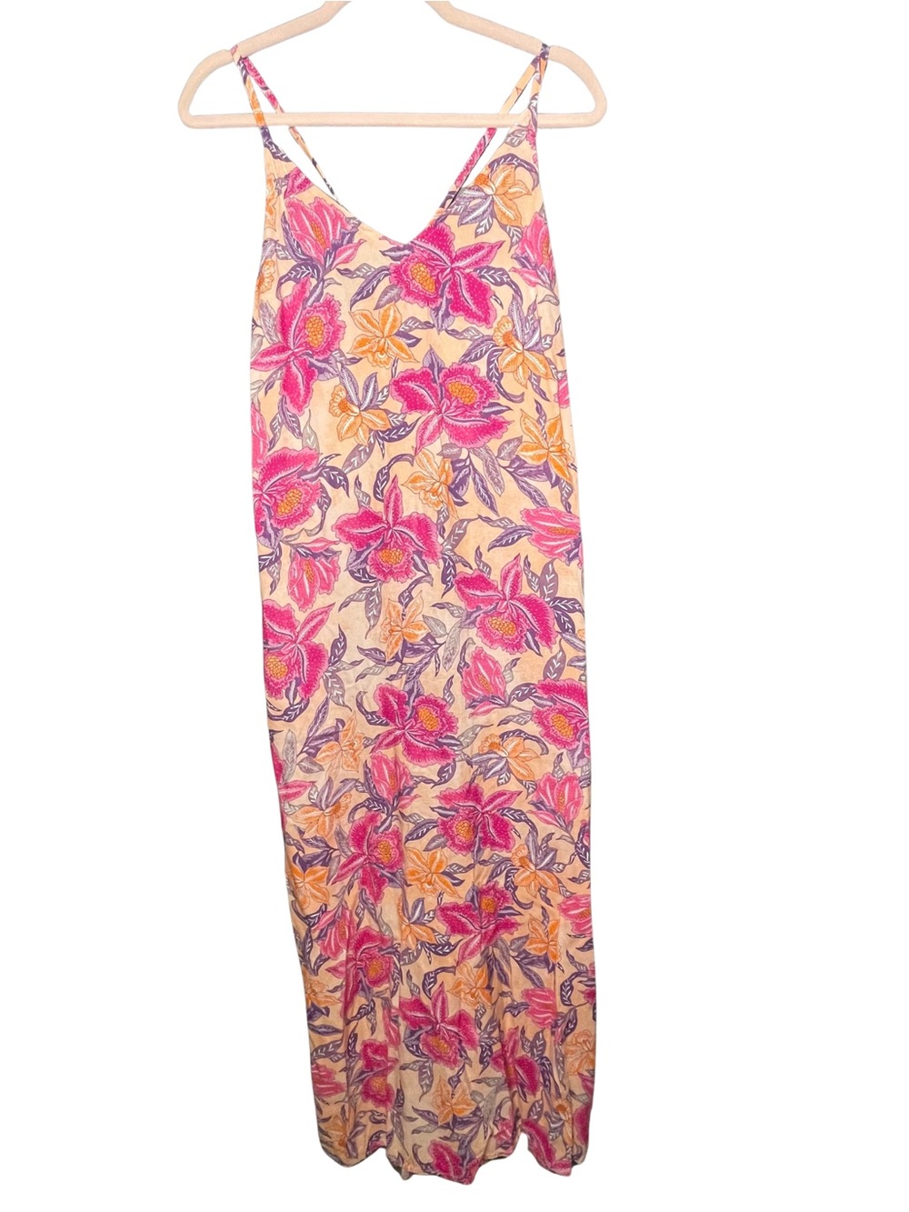 Floral Maxi Dress Pink and Coral V-neck Sleeveless with Adjustable Straps
